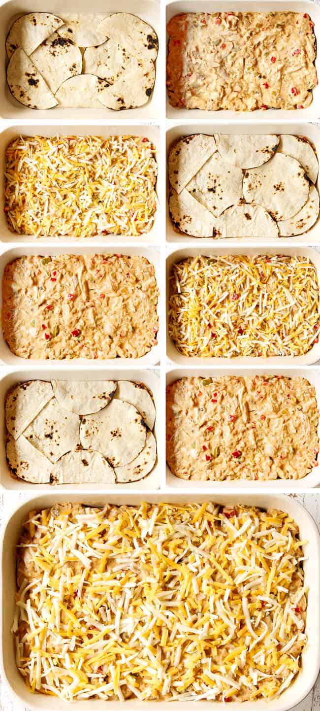 A collage showing how to layer King Ranch Casserole: tortillas, cream chicken layer, cheese layer then repeating two more times and finishing with cheese