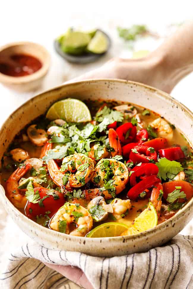 side view of two hands holding bowl of Tom Yum Soup garnished with cilantro and Thai red chilies