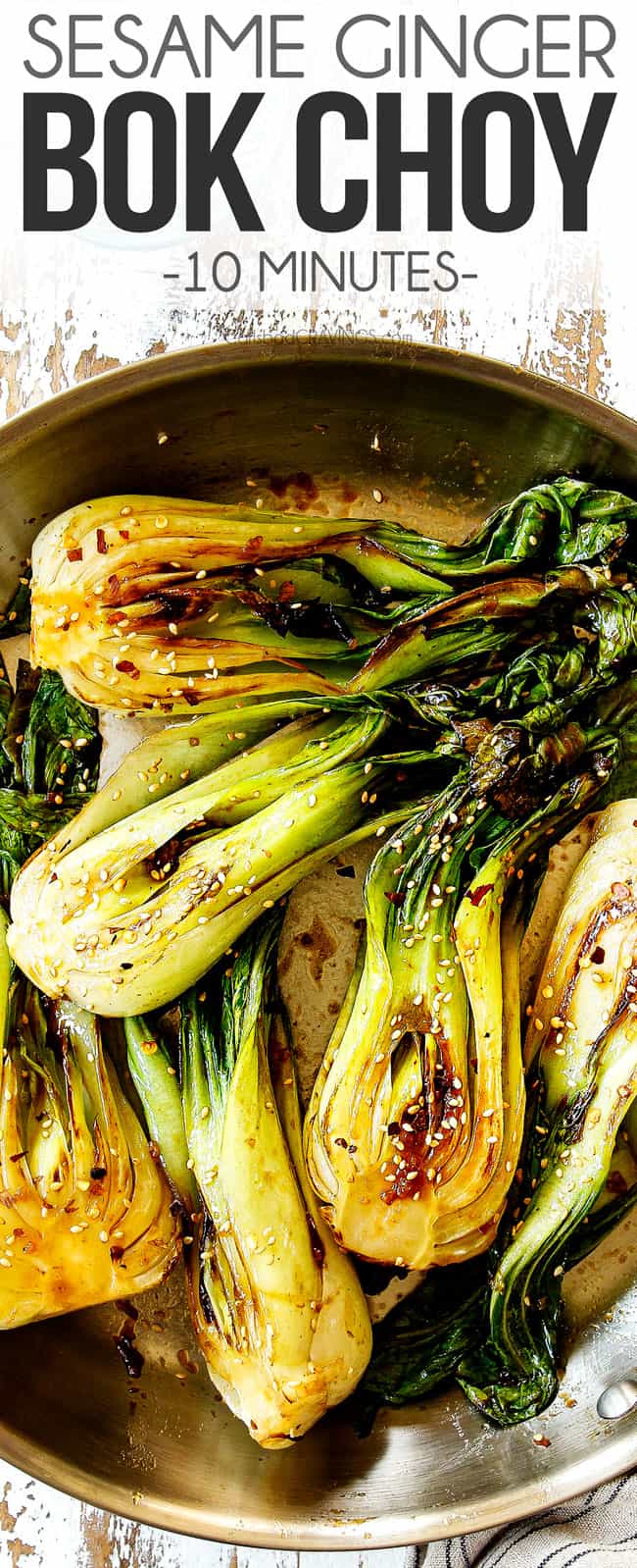 top view of bok choy recipe glazed in sesame soy sauce