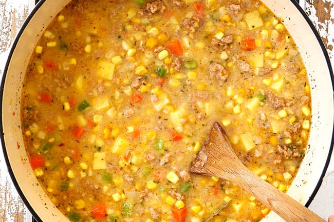 top view showing how to make corn chowder by simmering corn chowder until potatoes are tender