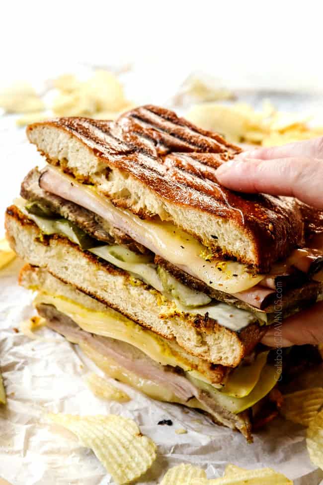 Mojo Cuban Roast Pork (lechon asado) served in Cubano Sandwiches