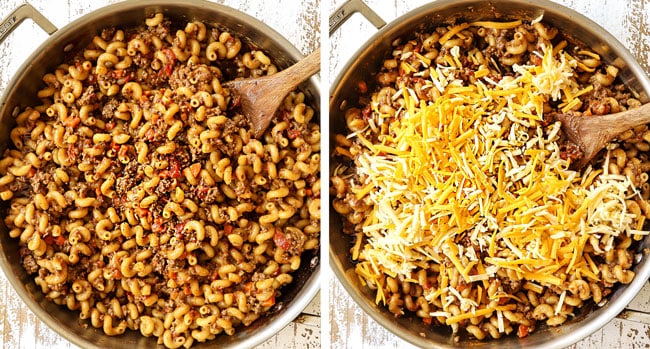 a collage showing how to make homemade hamburger helper recipe by cooking the hamburger helper until the liquid evaporates and then stirring in cheese
