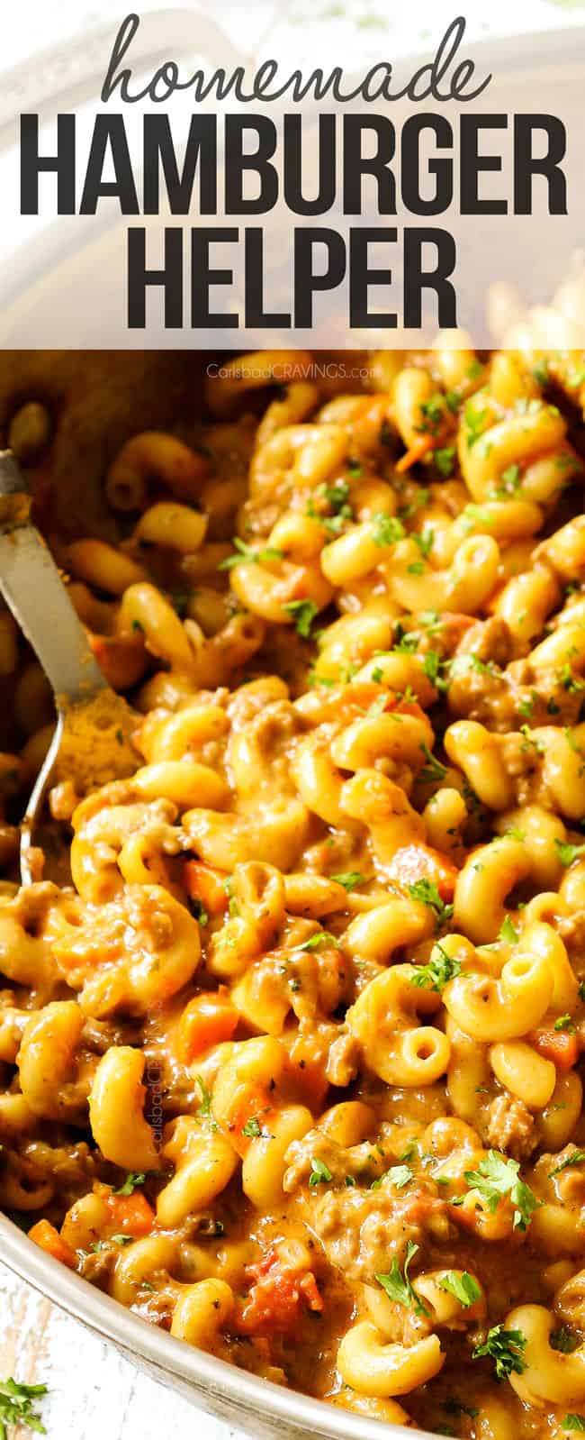 up close of a spoon serving homemade hamburger helper recipe showing how creamy it is