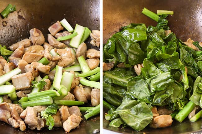 a collage showing how to make pad see ew recipe by stir frying the chicken and Chinese broccoli stalks together and then adding the broccoli leaves