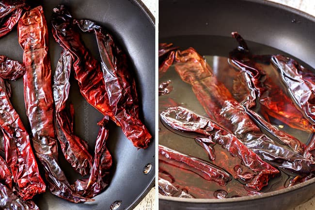 a collage showing how to make pozole by toasting the chile peppers in the skillet and then simmering until soft