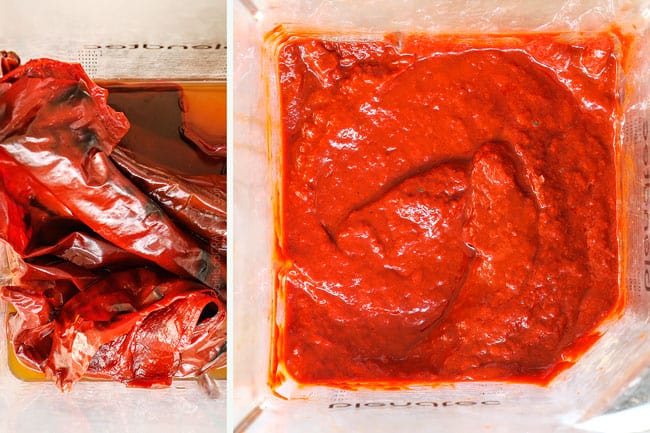 a collage showing how to make pozole by adding chiles to blender and blending until smooth