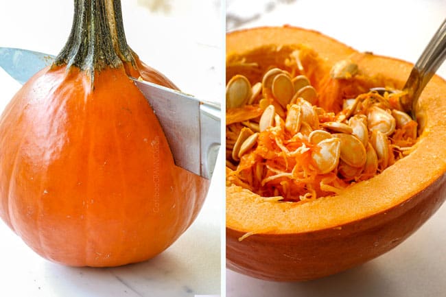 a collage showing how to make pumpkin soup by cutting a pumpkin in half then scooping out the seeds