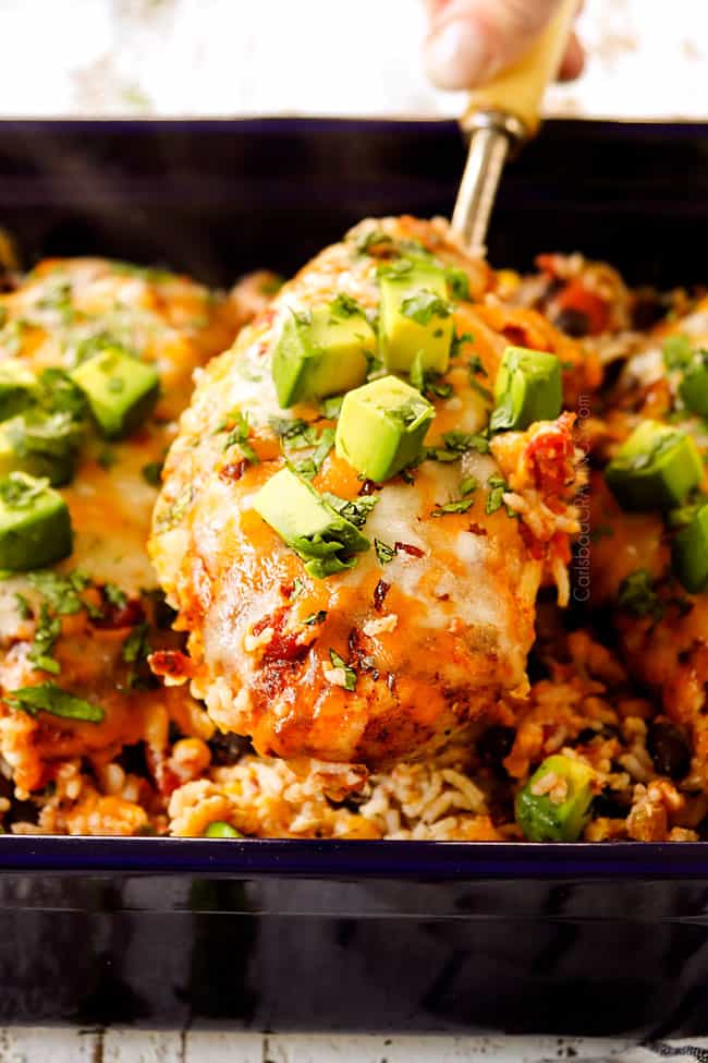 front view of serving baked salsa chicken