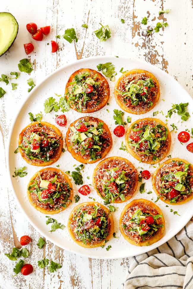 top view of sopes on a white platter