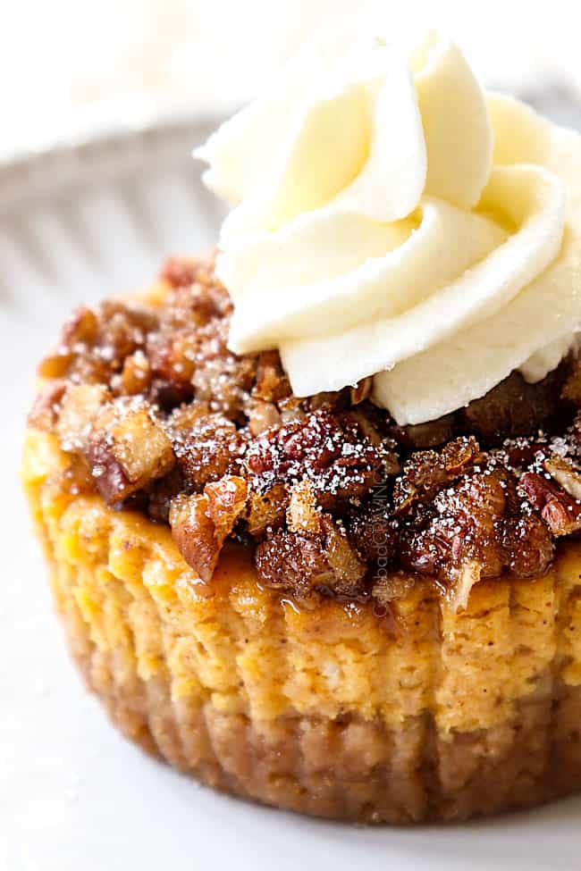up close of mini pumpkin cheesecake with whipped cream