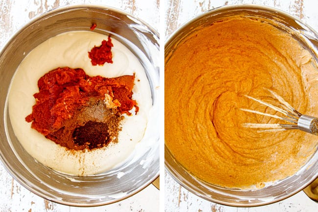 a collage showing how to make mini pumpkin cheesecakes by mixing cheesecake batter with pumpkin puree, cinnamon, nutmeg, cloves and ginger until smooth