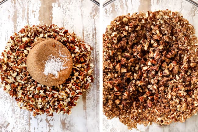 a collage showing how to make mini pumpkin cheesecakes by adding brown sugar and salt to pecans, followed by corn syrup and vanilla and mixing until combined in a glass bowl