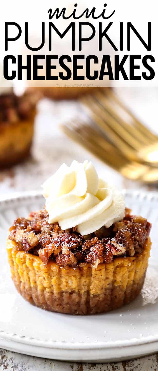 up close view of mini pumpkin cheesecake on a plate