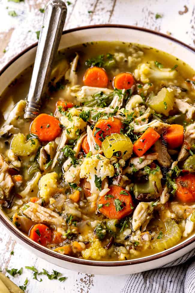 up close of a bowl of turkey rice soup