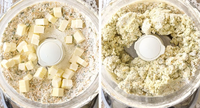a collage showing how to make chicken pot pie with biscuits by adding butter to flour mixture and pulsing tot combine then adding buttermilk and pulsing until moistened