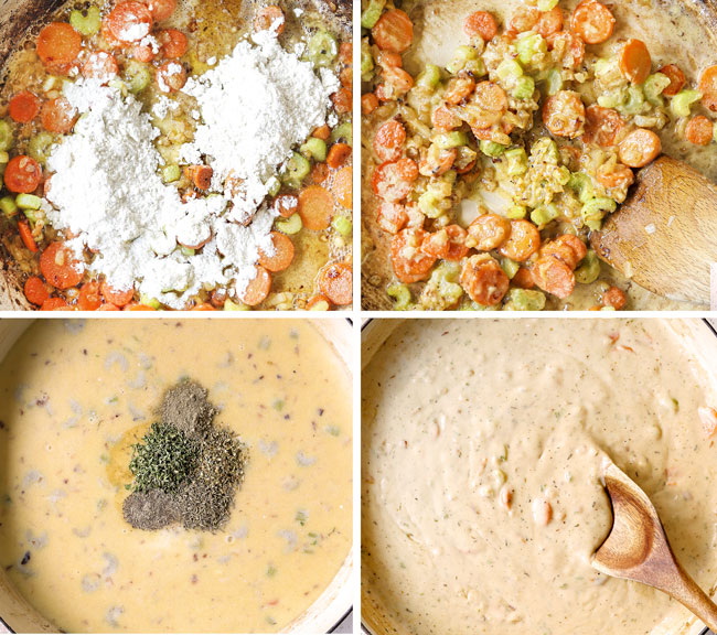 a collage showing how to make chicken pot pie with biscuits by adding flour and sautéing the veggies, stirring in chicken broth and heavy cream then simmering until thickened