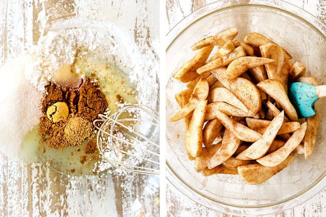 a collage showing how to make pear crisp by adding lemon juice, sugar, cinnamon and vanilla to a bowl and mixing pears in