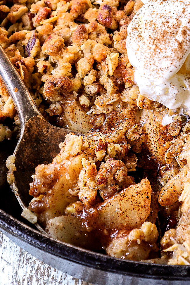 up close of a spoonful of pear crisp recipe