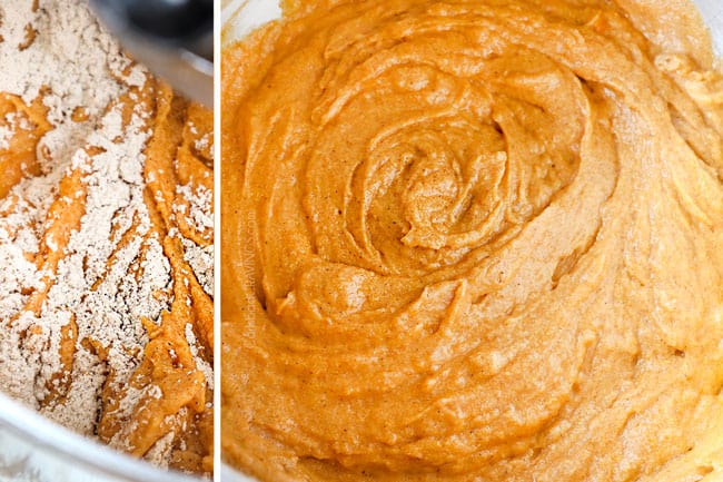 a collage showing how to make pumpkin spice cake recipe by adding flour to wet ingredients and mixing until combined