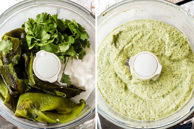 showing how to make steak tacos by blending roasted poblanos in a food processor with cilantro and garlic until smooth
