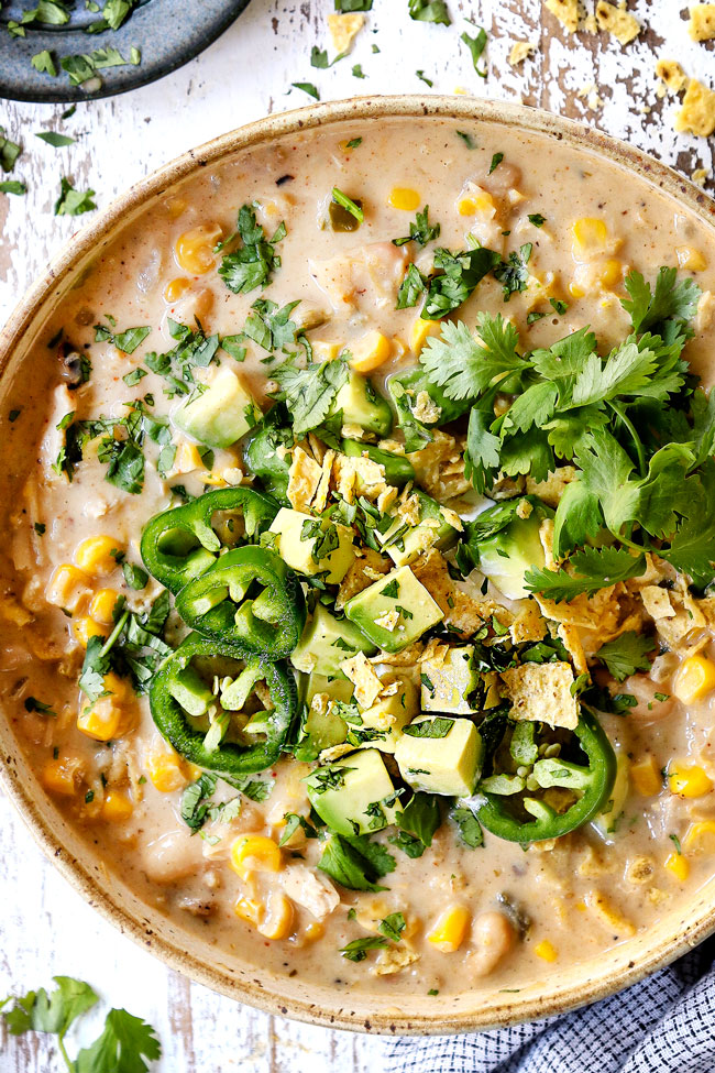 up close top view of a bowl of easy white chicken chili