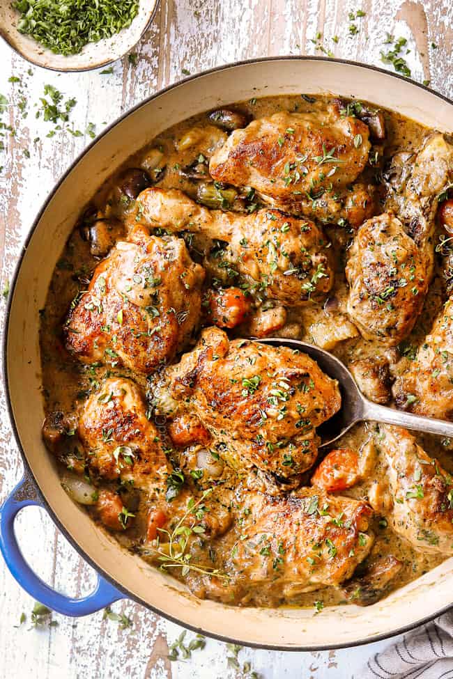 top view of scooping up of chicken fricassee