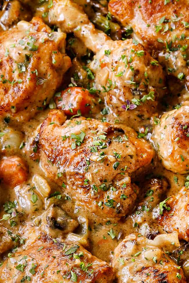 up close of chicken fricassee in creamy sauce showing how juicy it is
