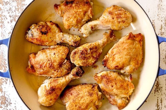 showing how to make chicken fricassee recipe by searing chicken until golden