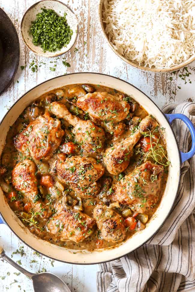 top view of chicken fricassee recipe in creamy gravy