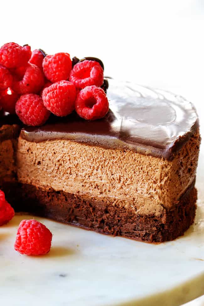 Chocolate Mousse Cake with slices missing to see the inside of the cake