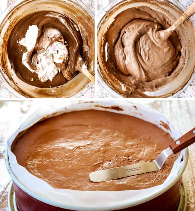 a collage showing how to make chocolate mousse cake recipe by 1) adding heavy cream to melted chocolate, 2) adding whipped cream to melted chocolate and folding in until smooth, 3) smoothing chocolate mousse in springform pan