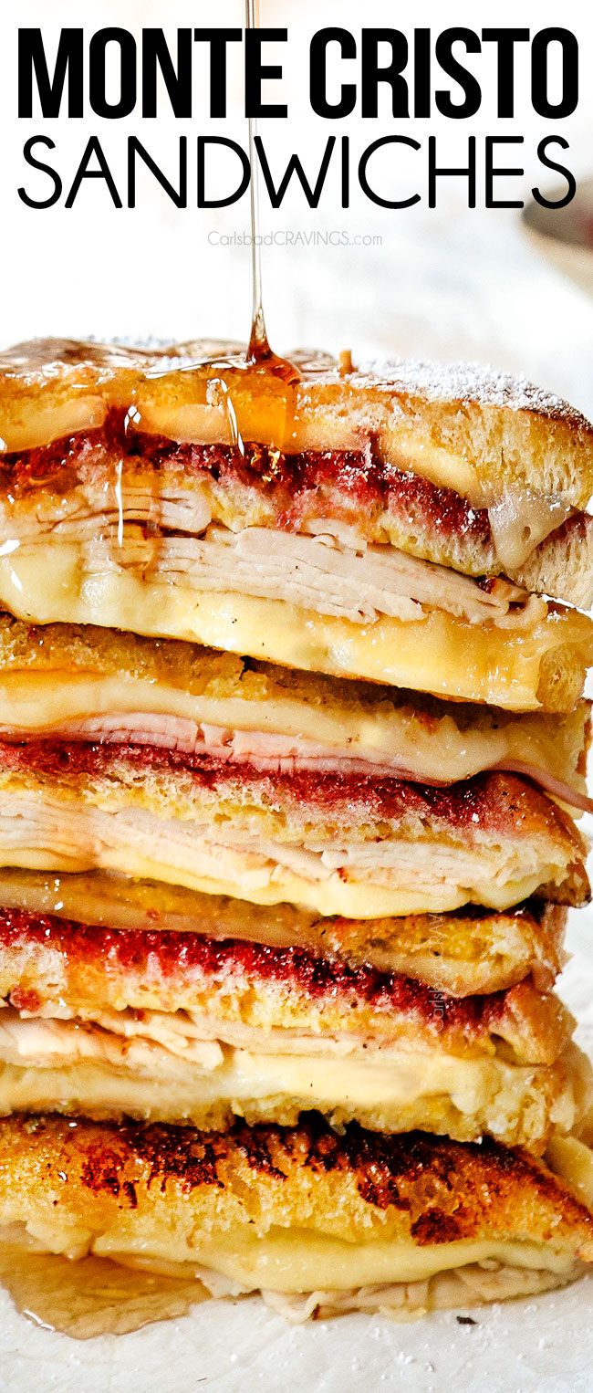 up close view of showing how to serve Monte Cristo by drizzling with syrup