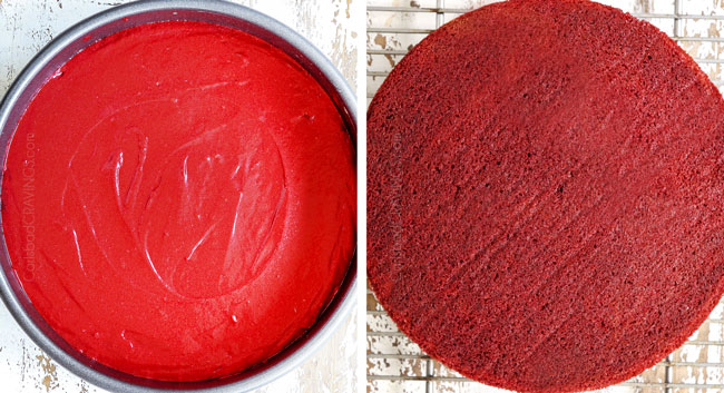 a collage showing how to make red velvet cheesecake by 1) adding batter to a cake pan, 2) baking until set and cooling on a wire rack