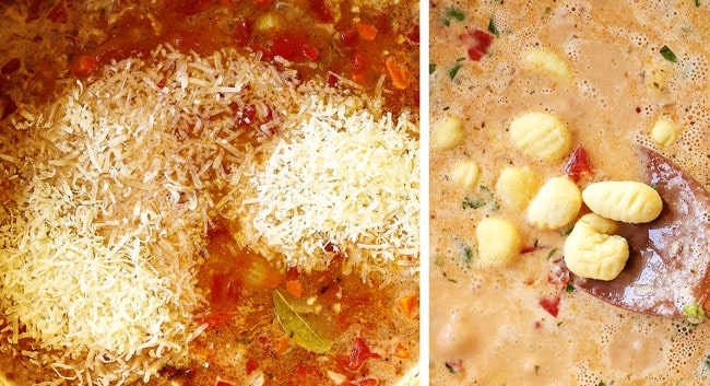 showing how to make gnocchi soup recipe by adding Parmesan cheese and gnocchi to the soup