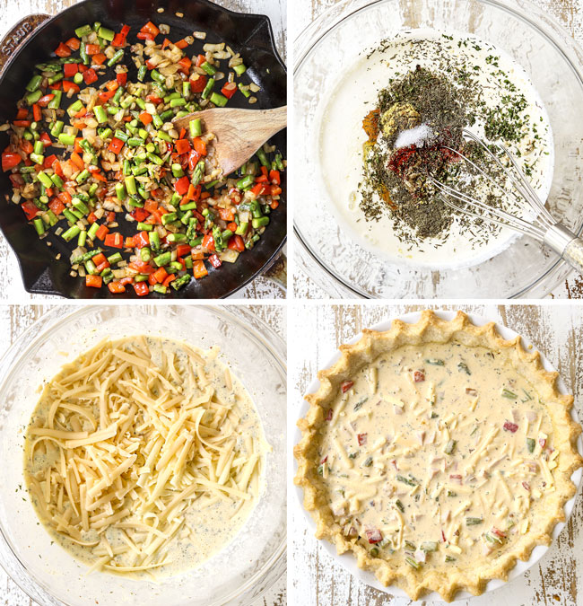 a collage showing how to make ham and cheese quiche recipe by 1) sautéing onions, asparagus and bell peppers in a skillet, 2) whisking eggs and seasonings together in a glass bowl, 3) adding cheese and ham to the egg mixture, 4) pouring filling int pie crust