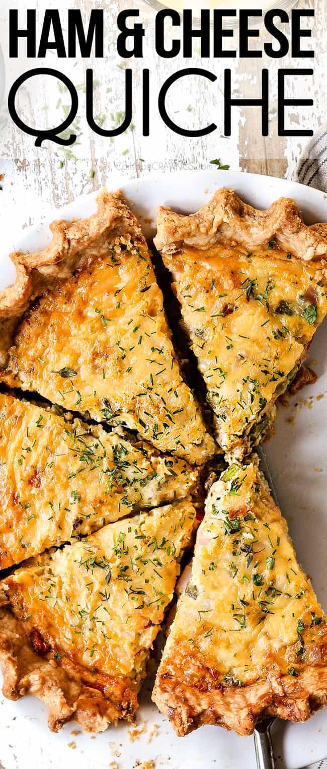 top view of ham and cheese quiche in a pie tin cut into slices