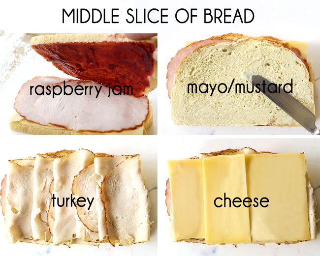 a collage showing how to make Monte Cristo recipe by 1) adding jam to bottom side of bread, 2) adding mayonnaise and mustard to top side of bread, 3) adding turkey slices, 4) adding cheese