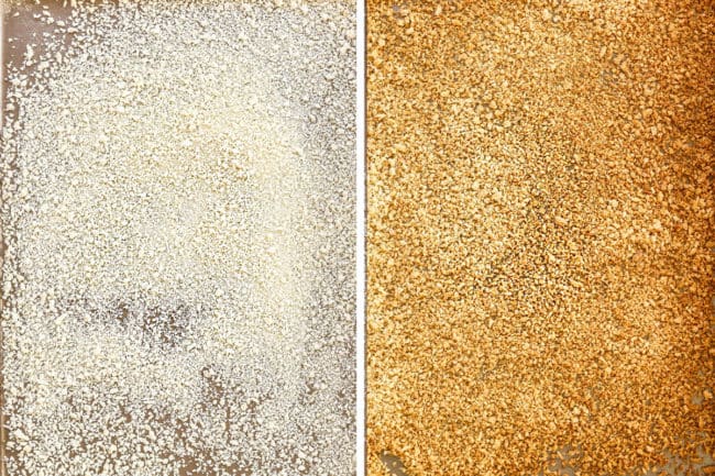 showing how to make chicken nuggets by toasting panko in the oven on a baking sheet until golden