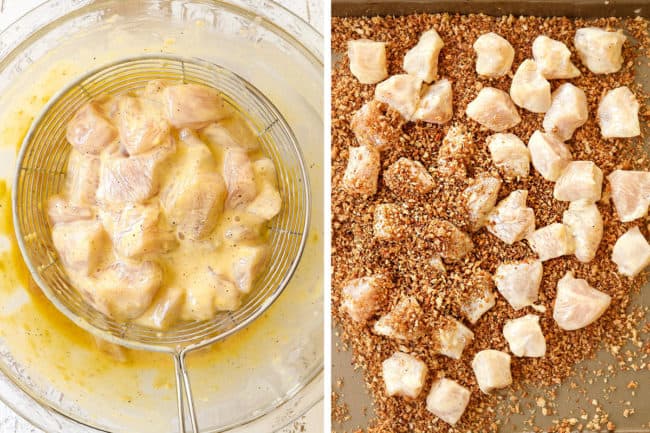 showing how to make chicken nugget recipe by removing chicken from batter using a strainer and adding to panko on a baking sheet