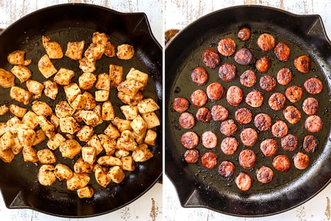 a collage showing how to make Cajun Chicken Alfredo by cooking bite size pieces of chicken in a skillet and andouille sausage