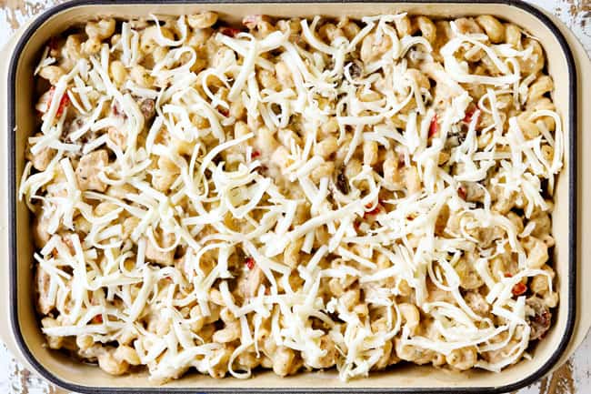 a collage showing how to make Cajun Chicken Alfredo by topping with mozzarella cheese