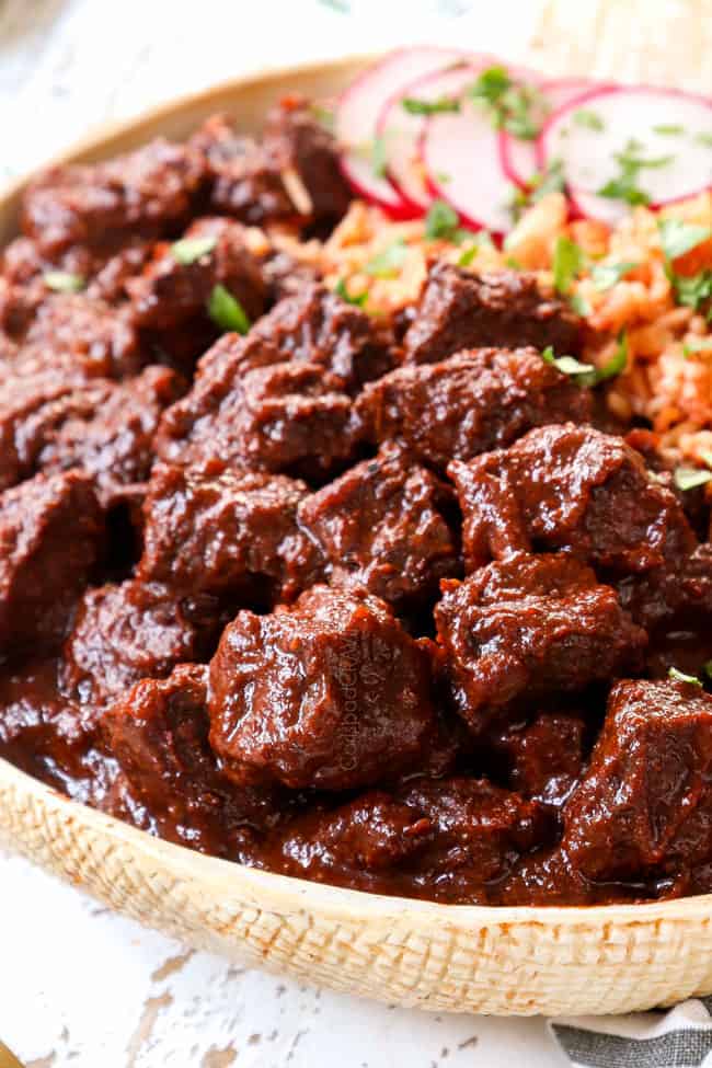 up close side view of Chile Colorado recipe showing how tender the beef is
