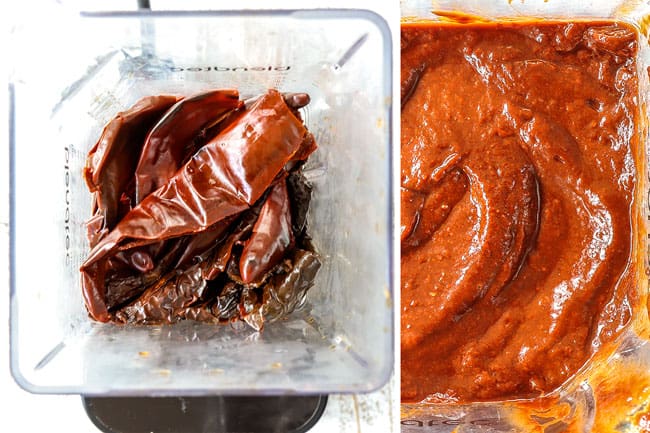 a collage showing how to make Chile Colorado by adding chiles and soaking water to a blender and processing until smooth
