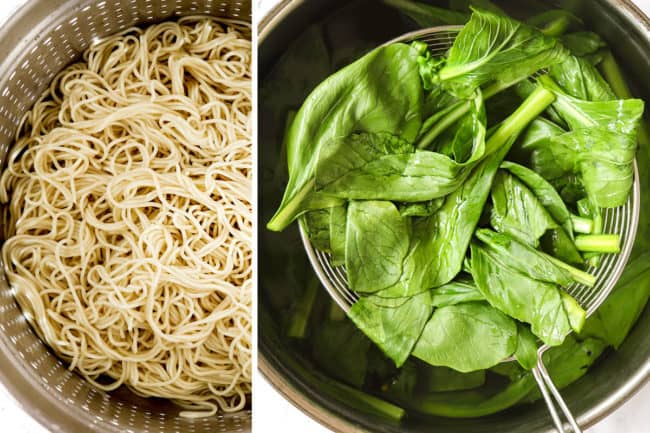 showing how to make dan dan noodles recipe by cooking noodles then blanching leafy greens