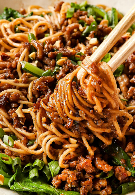 up close of Dan Dan Noodles showing how sleek they are