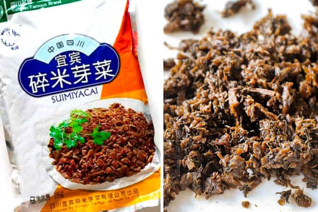 showing how to make Dan Dan Noodles recipe by showing a package of Sui Mi Ya Cai and what chopped Sui Mi Ya Cai looks like