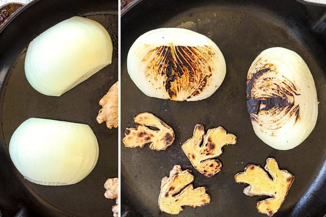 showing how to make pho by charring onions and ginger in a cast iron skillet