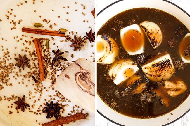 a collage showing how to make pho by 1) toasting spices in a Dutch oven and 2) adding charred onions, garlic and beef broth to Dutch oven with spices