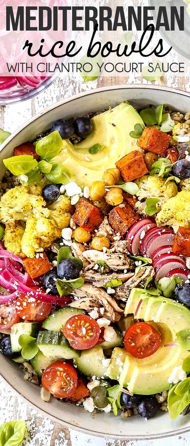 top view of rice bowl with rice, chicken and roasted vegetables