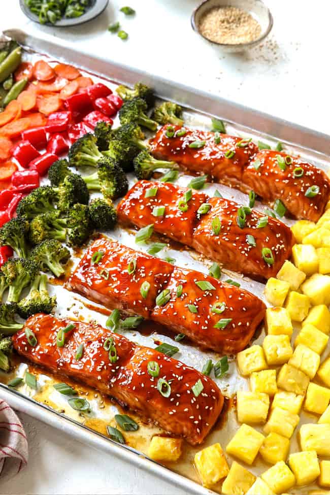 teriyaki salmon recipe on a baking sheet garnished with green onions and sesame seeds